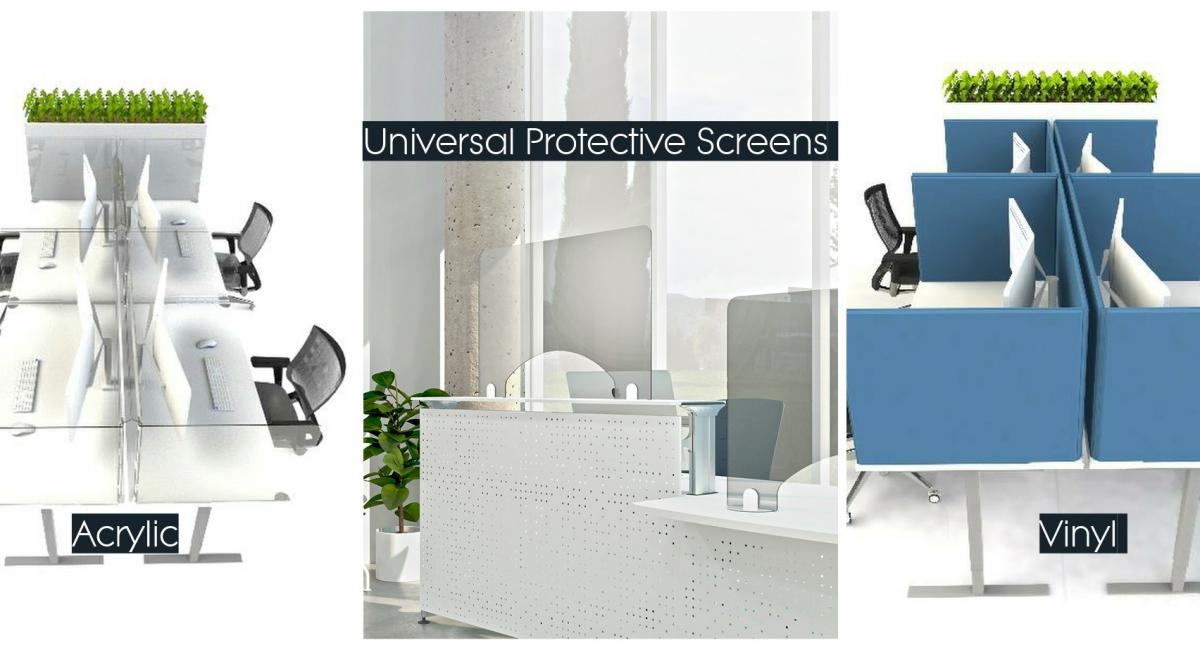 Universal workplace protection screens finished in vinyl and acrylic.