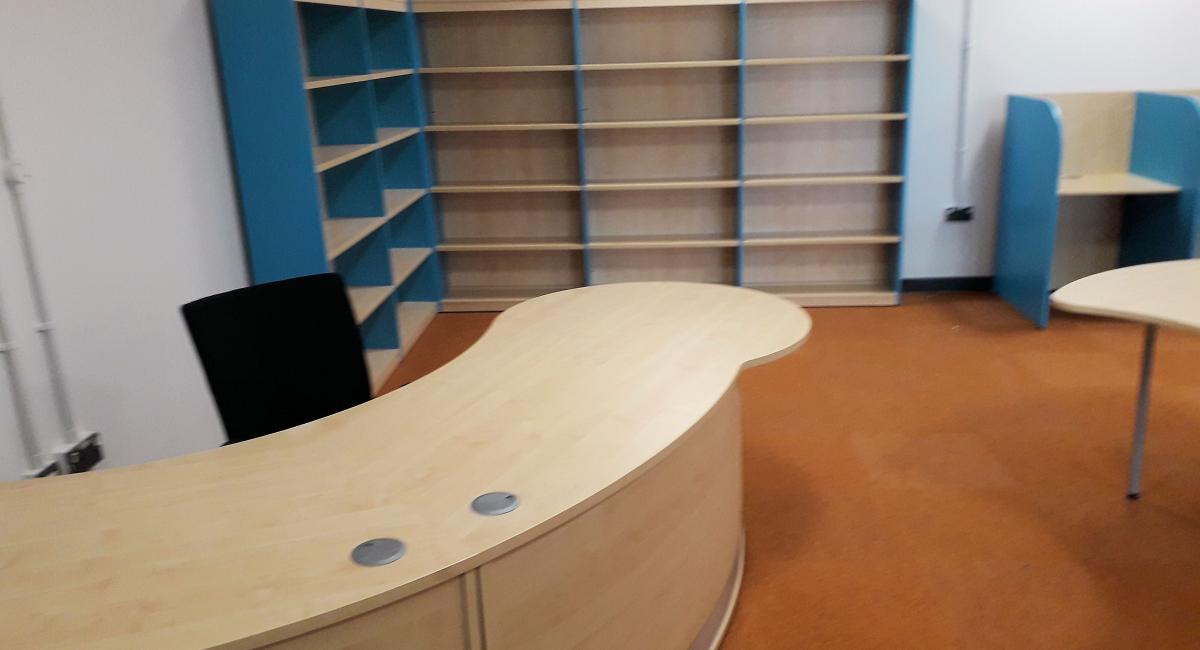 School library shelving and welcome counter